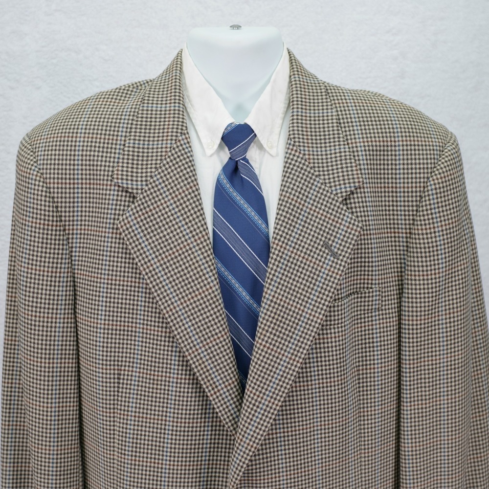 Tom James Oro Vintage Wool Brown W/ Brown‎ Blue Windowpane 44L USA 2 Button